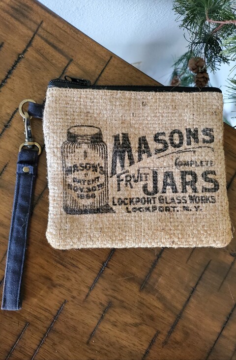 Handbags - Masons Fruit Jars Wristlet Purse Burlap Ticking Stripe Makeup Bag India NWOT